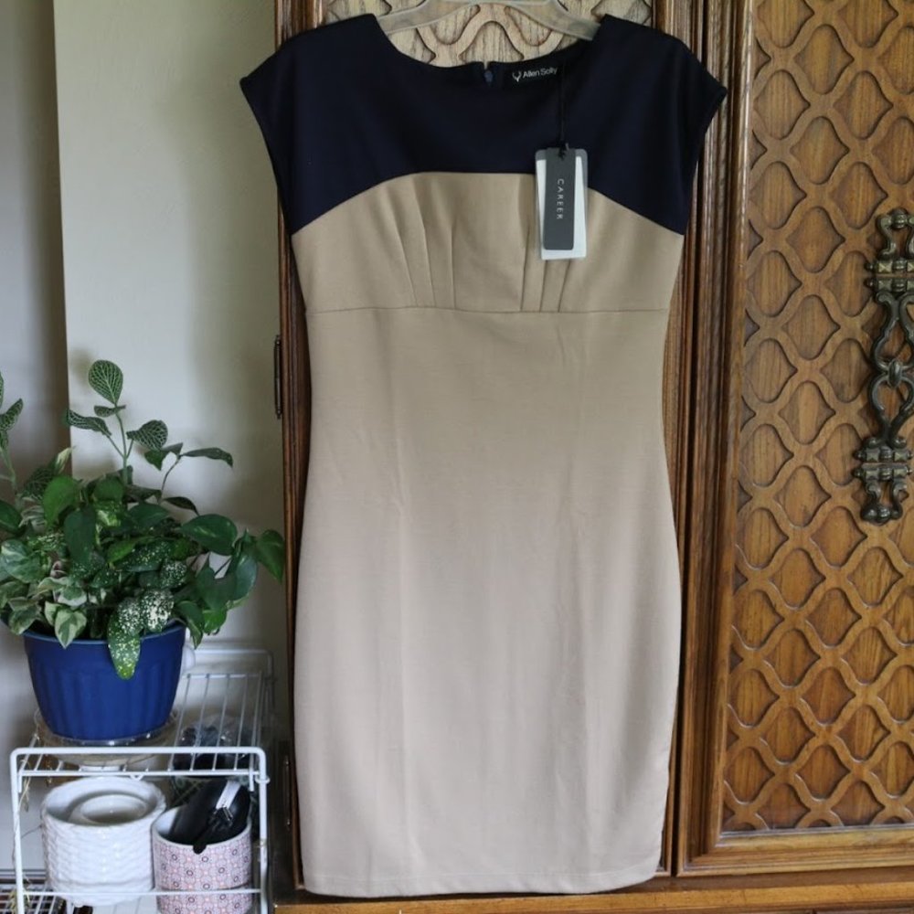 ALLEN SOLLY Colorblock Sheath Career Dress NWT! - Tan/Navy, Size S